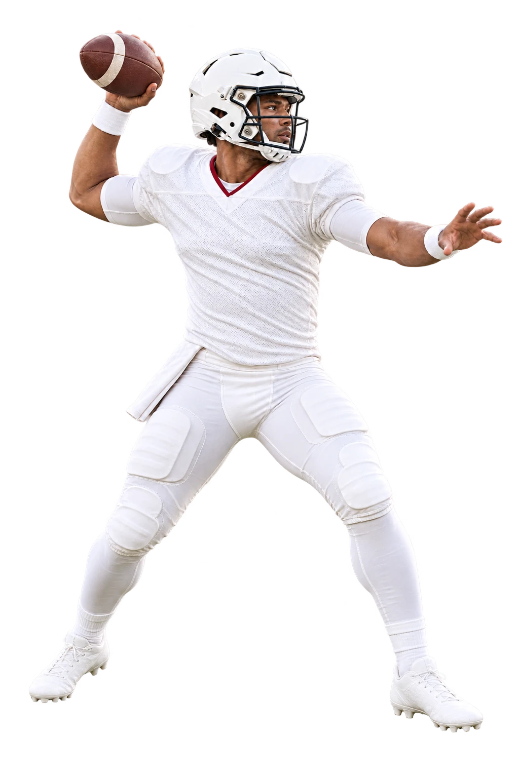 A quarterback mid-throw, arm cocked, ball in hand.