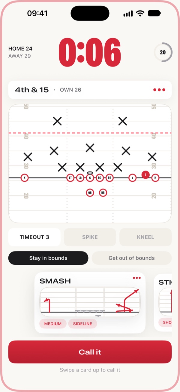Six seconds left on fourth and fifteen; the clock and the edge of the screen have turned red.