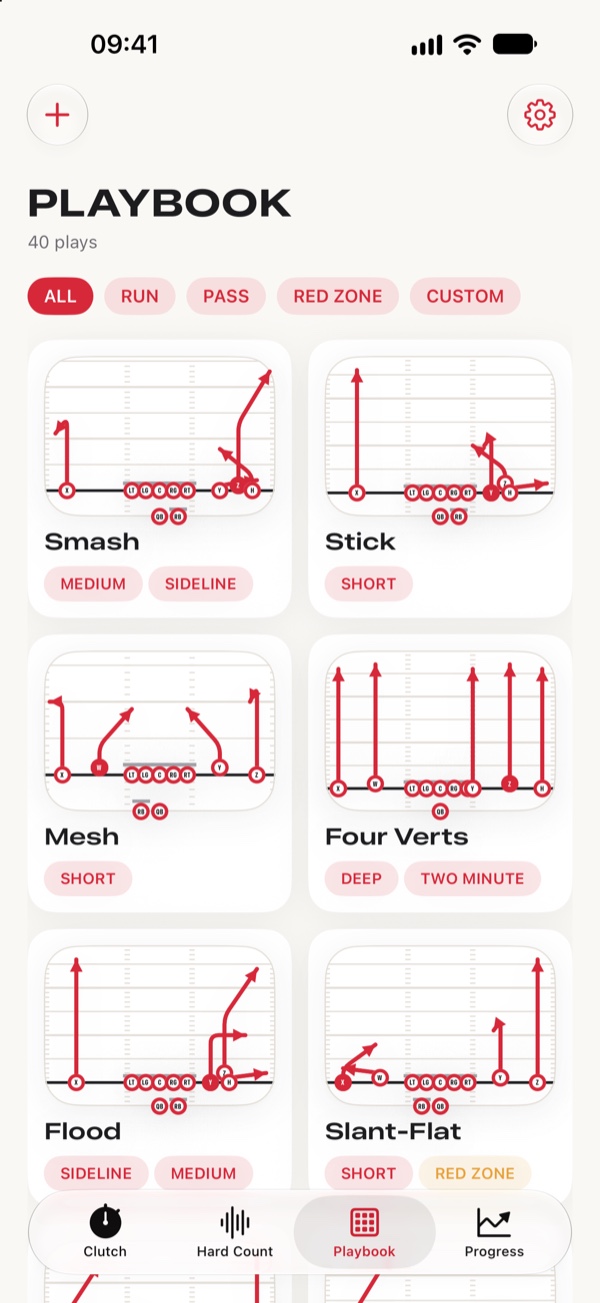 The playbook: a grid of plays drawn as diagrams, filtered by run, pass, red zone and custom.